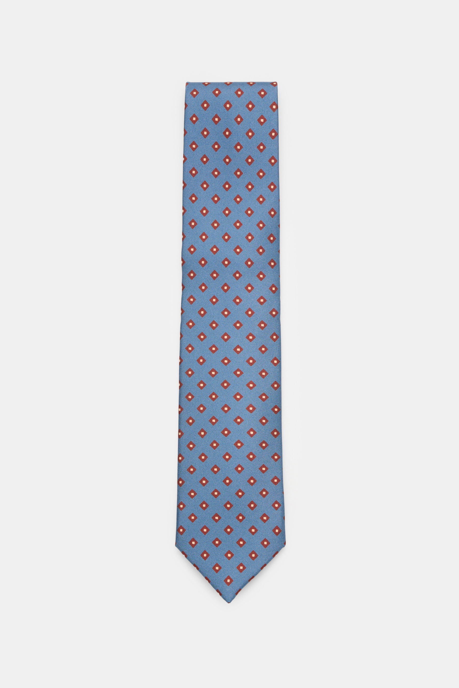 Borrelli Seidenkrawatte graublau/rostbraun gemustert, frontale Draufsicht, reine Seide, zeitloses grafisches Webmuster, tonaler Futterstoff, Made in Italy, Breite 8 cm.