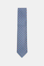 Borrelli Seidenkrawatte graublau/rostbraun gemustert, frontale Draufsicht, reine Seide, zeitloses grafisches Webmuster, tonaler Futterstoff, Made in Italy, Breite 8 cm.
