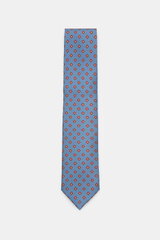 Borrelli Seidenkrawatte graublau/rostbraun gemustert, frontale Draufsicht, reine Seide, zeitloses grafisches Webmuster, tonaler Futterstoff, Made in Italy, Breite 8 cm.