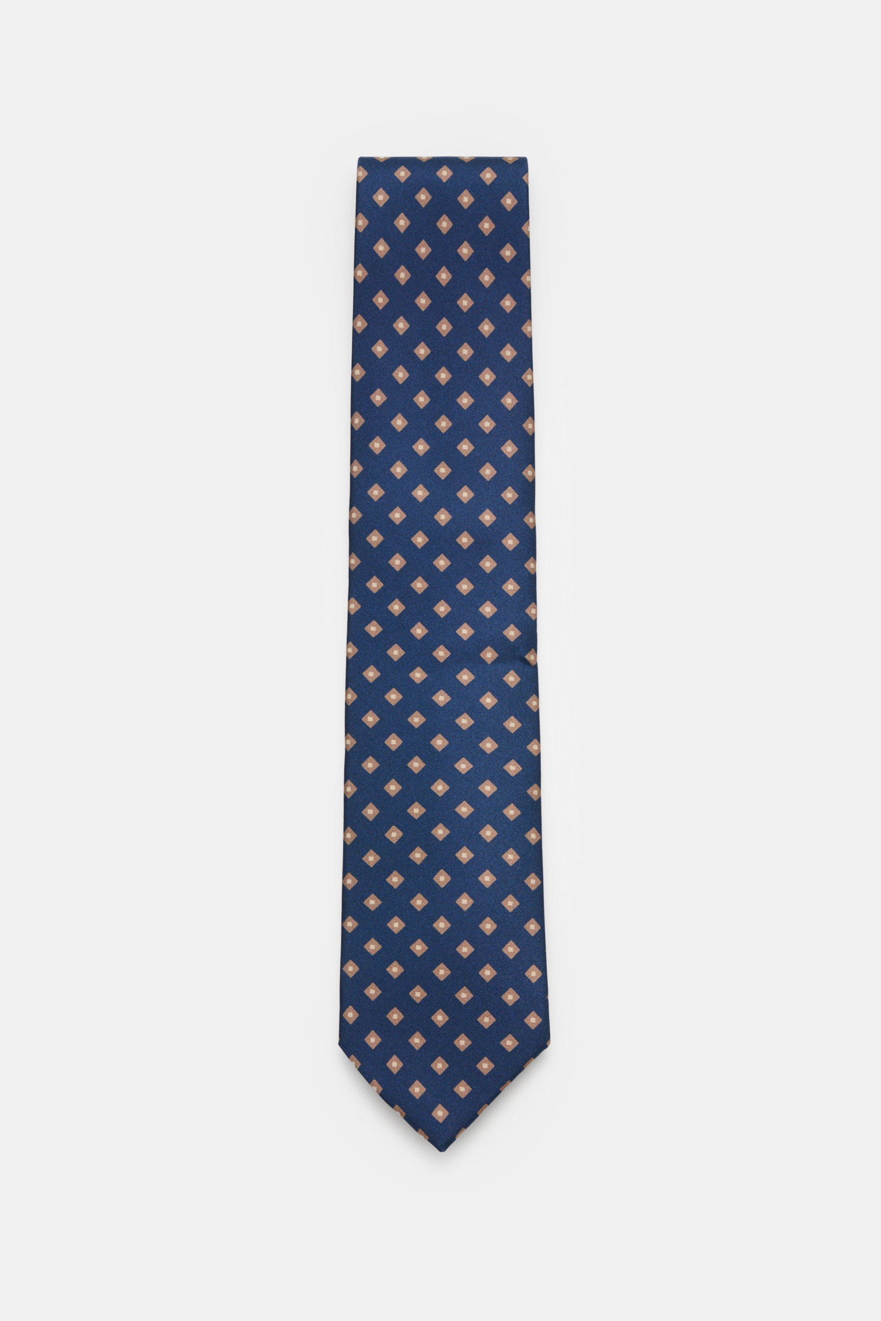 Top-down view of Borrelli Silk tie dark blue/light brown patterned with fine graphic woven pattern, pure silk, tonal lining, 8 cm width, made in Italy.