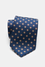 Borrelli Seidenkrawatte dunkelblau/hellbraun gemustert, handgefertigt aus reiner Seide mit zeitlosem Webmuster, seitlich fotografiert, Breite 8 cm, Made in Italy