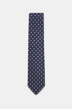 Borrelli Seidenkrawatte navy/hellbraun gemustert, frontale Nahaufnahme, reine Seide, zeitloses Webmuster, tonaler Futterstoff, Made in Italy, 8 cm breit.