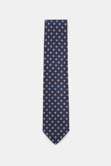Borrelli Seidenkrawatte navy/hellbraun gemustert, frontale Nahaufnahme, reine Seide, zeitloses Webmuster, tonaler Futterstoff, Made in Italy, 8 cm breit.