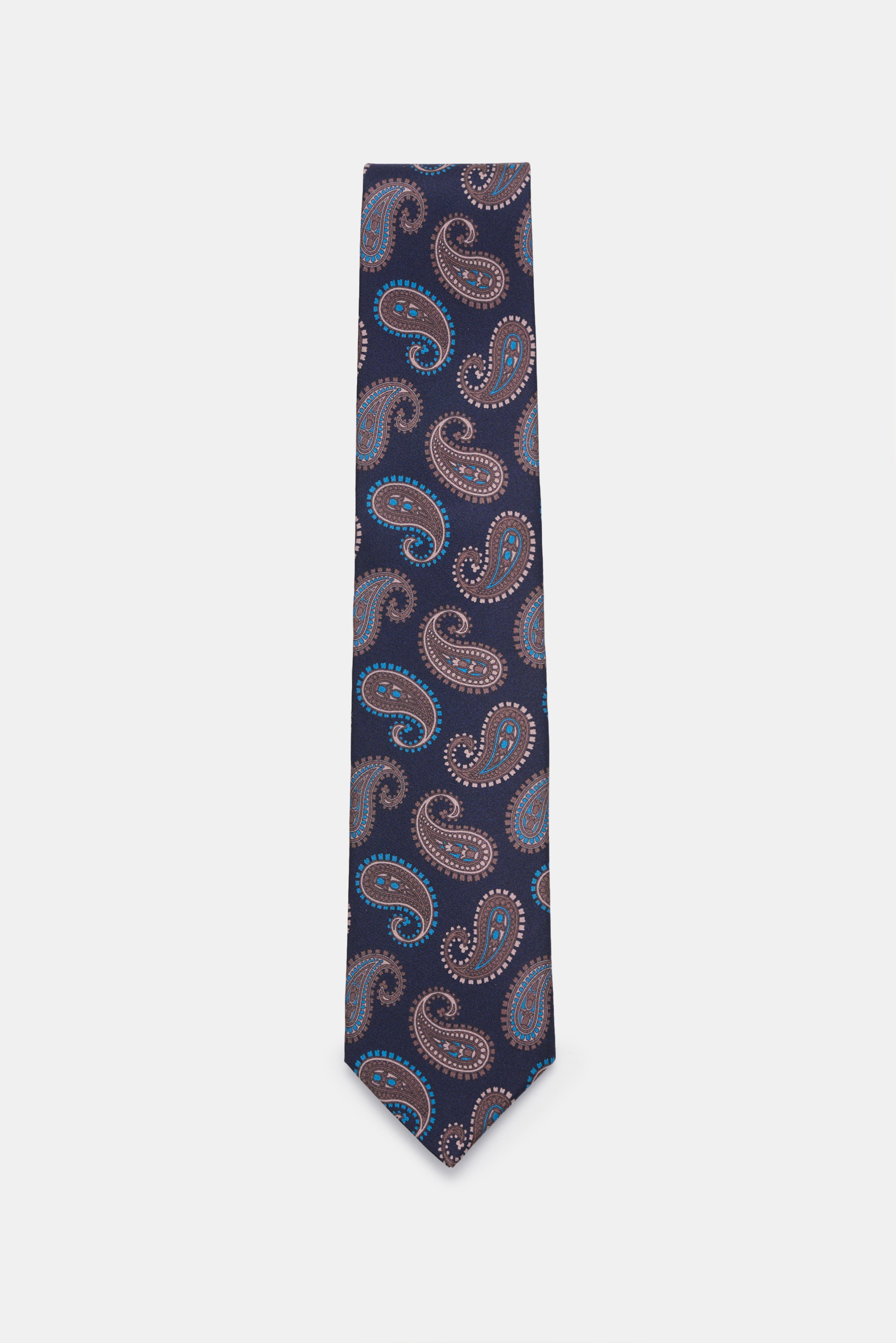 Borrelli Seidenkrawatte navy/blau/taupe gemustert, handgefertigt aus reiner Seide, mit dezentem Glanz, grafischem Muster, tonalem Futterstoff, Made in Italy, Breite 8 cm, frontal fotografiert.
