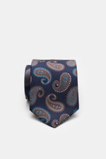 Borrelli Seidenkrawatte navy/blau/taupe gemustert, handgefertigt aus reiner Seide mit dezentem Glanz, grafischem Muster, tonalem Futterstoff, Made in Italy, Breite 8 cm, frontal fotografiert.