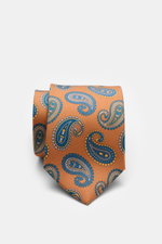 Borrelli Seidenkrawatte orange/dunkelblau/rauchblau gemustert, handgefertigt aus reiner Seide, Paisley-Muster, dezenter Glanz, tonaler Futterstoff, Made in Italy, Breite 8 cm, Nahaufnahme von oben.