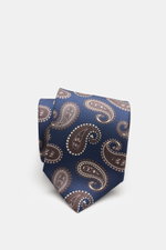 Borrelli Seidenkrawatte navy/beige/taupe gemustert mit grafischem Muster, handgefertigt aus reiner Seide, dezenter Glanz, tonaler Futterstoff, Made in Italy, 8 cm, von oben fotografiert.
