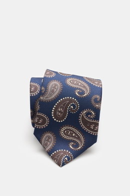 Borrelli Seidenkrawatte navy/beige/taupe gemustert mit grafischem Muster, handgefertigt aus reiner Seide, dezenter Glanz, tonaler Futterstoff, Made in Italy, 8 cm, von oben fotografiert.