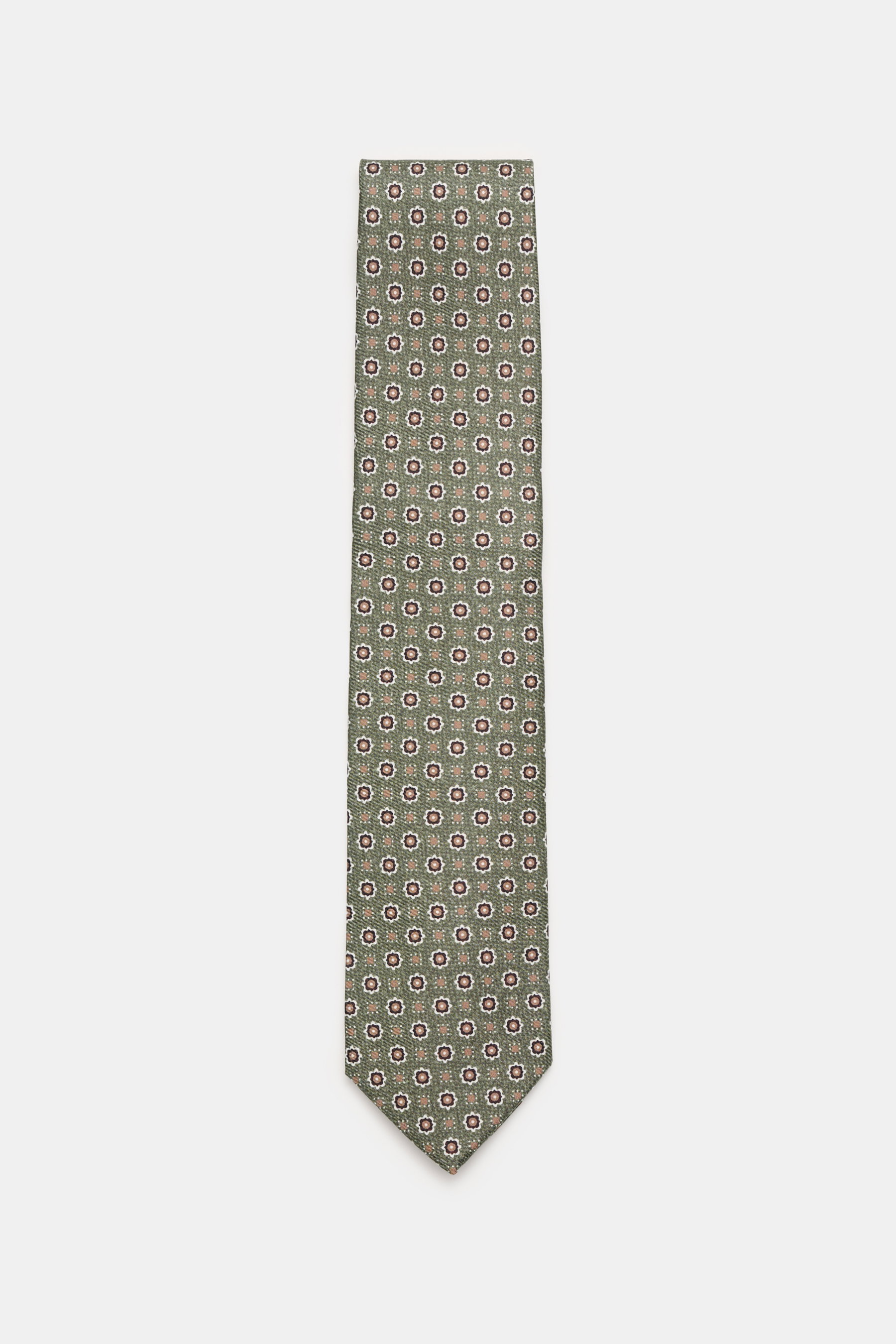 Gerade von oben fotografierte Borrelli Seidenkrawatte grün/braun gemustert mit feinem, floralem Webmuster aus reiner Seide, Made in Italy, 8 cm breit, tonaler Futterstoff.
