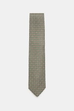 Gerade von oben fotografierte Borrelli Seidenkrawatte grün/braun gemustert mit feinem, floralem Webmuster aus reiner Seide, Made in Italy, 8 cm breit, tonaler Futterstoff.