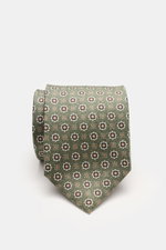 Borrelli Seidenkrawatte grün/braun gemustert, frontal fotografiert, reine Seide, florales Webmuster, tonaler Futterstoff, Made in Italy, 8 cm breit.