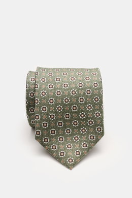 Borrelli Seidenkrawatte grün/braun gemustert, frontal fotografiert, reine Seide, florales Webmuster, tonaler Futterstoff, Made in Italy, 8 cm breit.