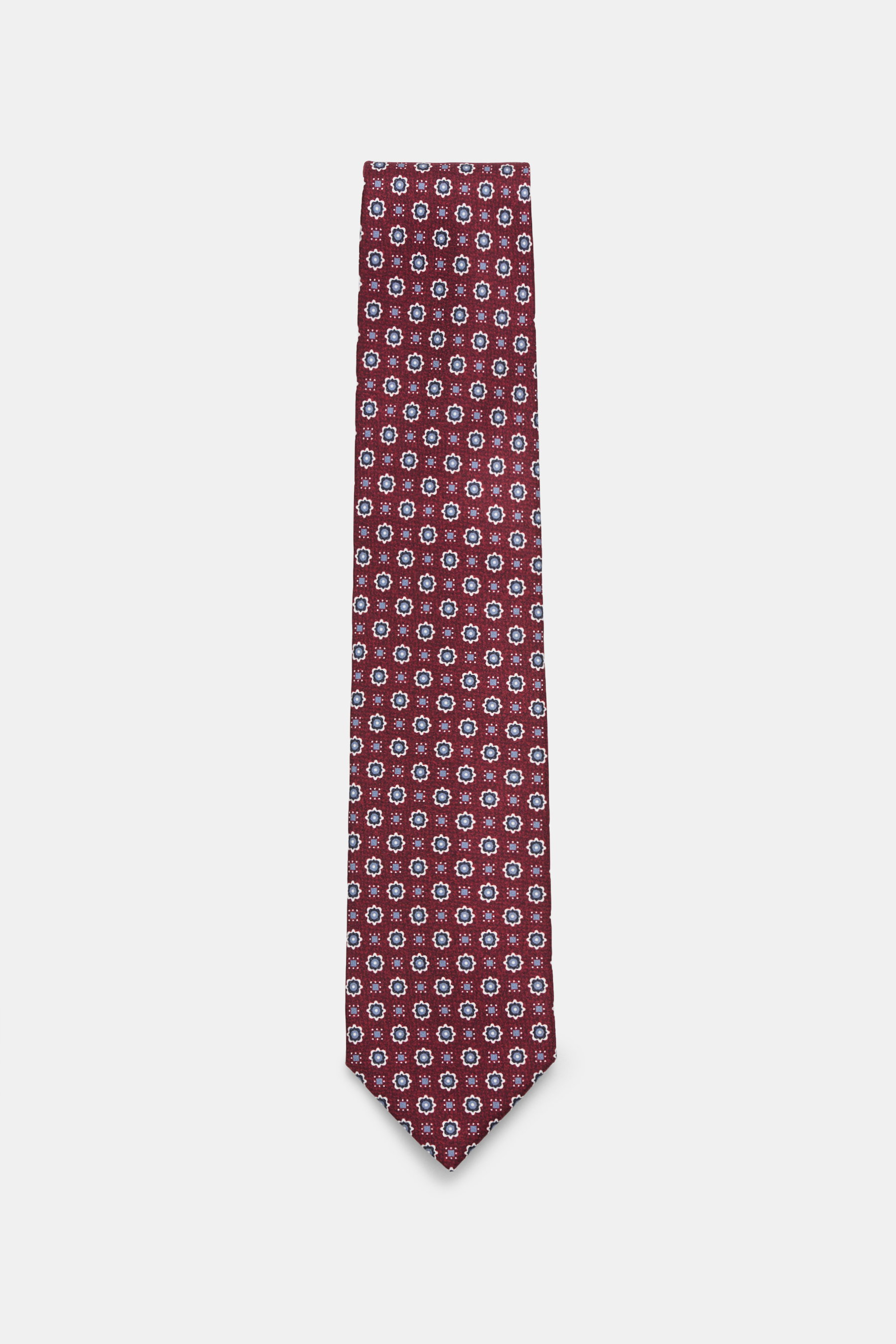 Borrelli Seidenkrawatte bordeaux/graublau gemustert, frontal fotografiert, reine Seide, florales Webmuster, Made in Italy, 8 cm breit, tonaler Futterstoff.