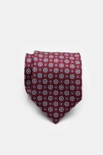 Borrelli Seidenkrawatte bordeaux/graublau gemustert, florales Webmuster, reine Seide, tonales Futter, Made in Italy, Seitenansicht, Breite 8 cm.