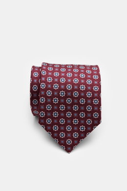 Borrelli Seidenkrawatte bordeaux/graublau gemustert, florales Webmuster, reine Seide, tonales Futter, Made in Italy, Seitenansicht, Breite 8 cm.