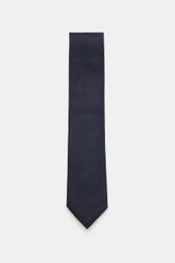 Zegna Seidenkrawatte navy/creme gemustert, frontal fotografiert, reine Seide, dezenter Glanz, grafisches Webmuster, kontrastfarbener Futterstoff, Made in Italy, ca. 8 cm breit.