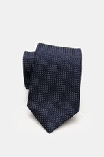 Zegna Seidenkrawatte navy/creme gemustert, von schräg oben fotografiert, reine Seide, dezenter Glanz, grafisches Webmuster, kontrastfarbener Futterstoff, Made in Italy, ca. 8 cm breit.