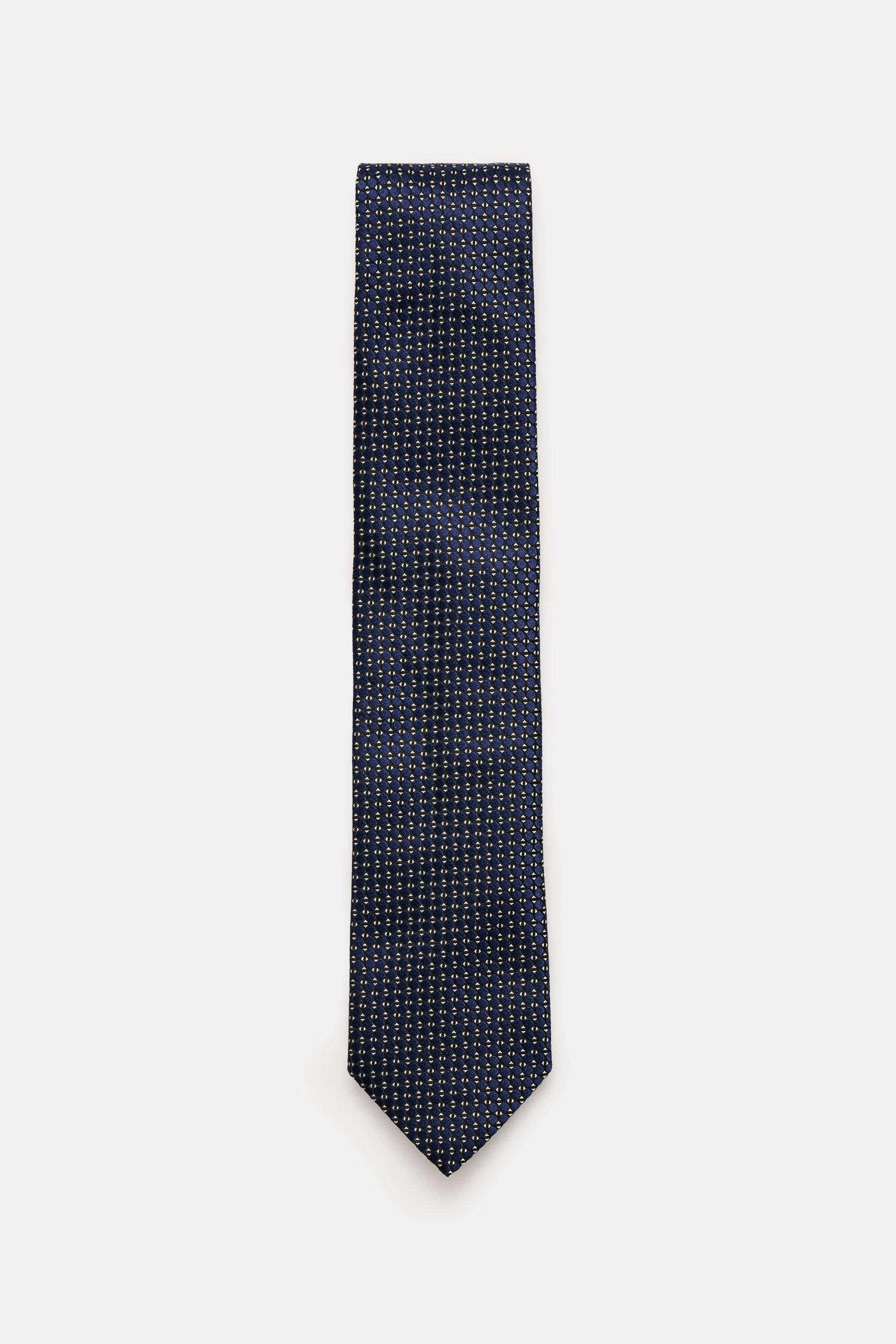 Zegna Krawatte navy/creme/schwarz gemustert, reine Seide, dezenter Glanz, grafisches Muster, Made in Italy, Breite ca. 8 cm, frontal fotografiert.