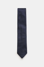 Zegna Krawatte navy/creme/schwarz gemustert, reine Seide, dezenter Glanz, grafisches Muster, Made in Italy, Breite ca. 8 cm, frontal fotografiert.
