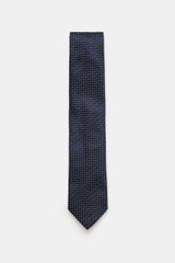 Zegna Krawatte navy/creme/schwarz gemustert, reine Seide, dezenter Glanz, grafisches Muster, Made in Italy, Breite ca. 8 cm, frontal fotografiert.