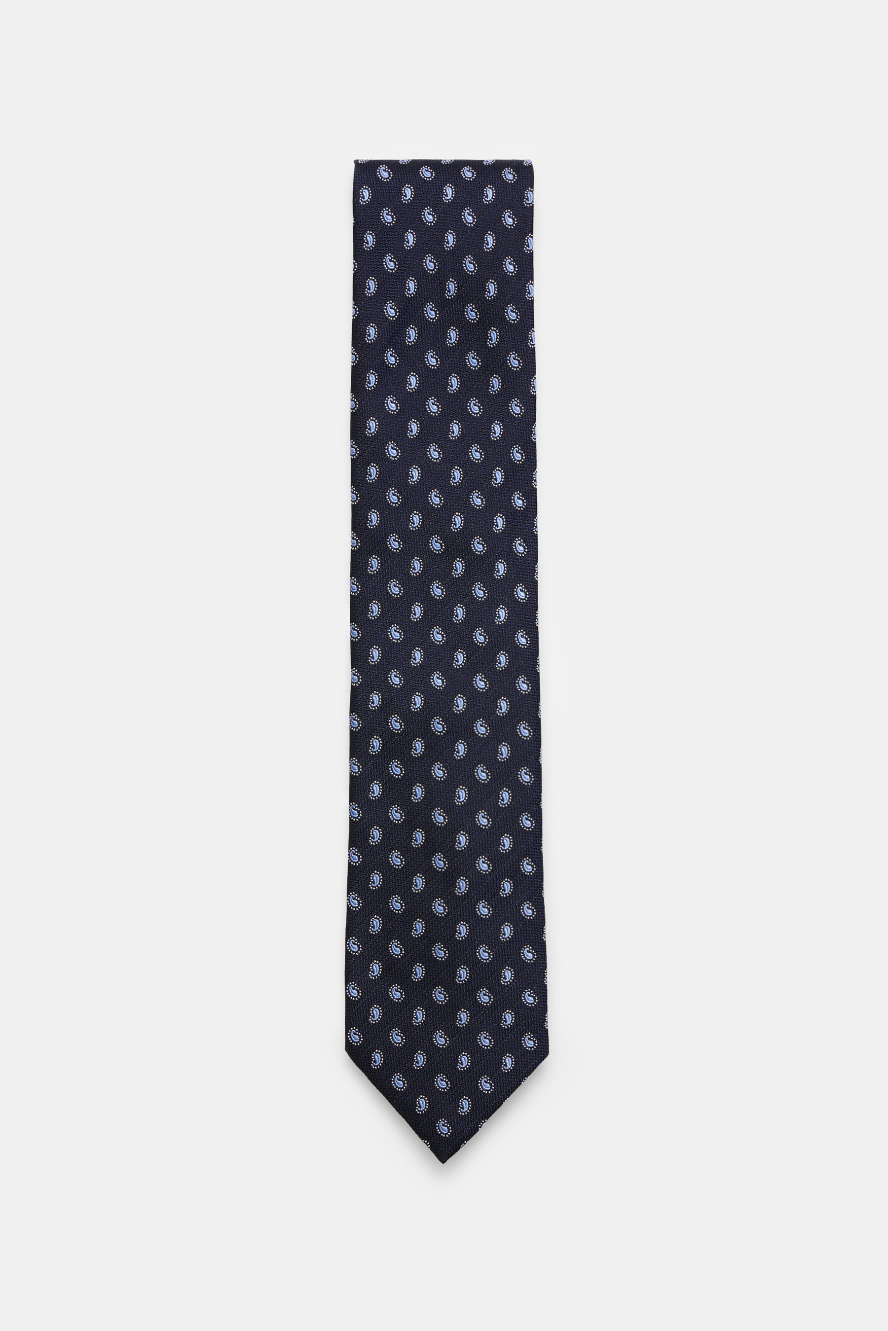 Zegna Silk tie navy/light blue patterned shown from above, pure silk with subtle shine, classic paisley pattern, Made in Italy, width approx. 8 cm.