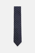Zegna Silk tie navy/light blue patterned shown from above, pure silk with subtle shine, classic paisley pattern, Made in Italy, width approx. 8 cm.