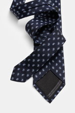 Zegna Silk tie navy/light blue patterned shown from above, twisted to display pure silk, subtle shine, classic paisley pattern, Made in Italy, width approx. 8 cm.