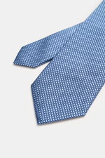 Zegna Seidenkrawatte hellblau/dunkelblau gemustert, Fotoperspektive von oben, reine Seide, dezenter Glanz, grafisches Webmuster, kontrastfarbener Futterstoff, Made in Italy, Breite ca. 8 cm.