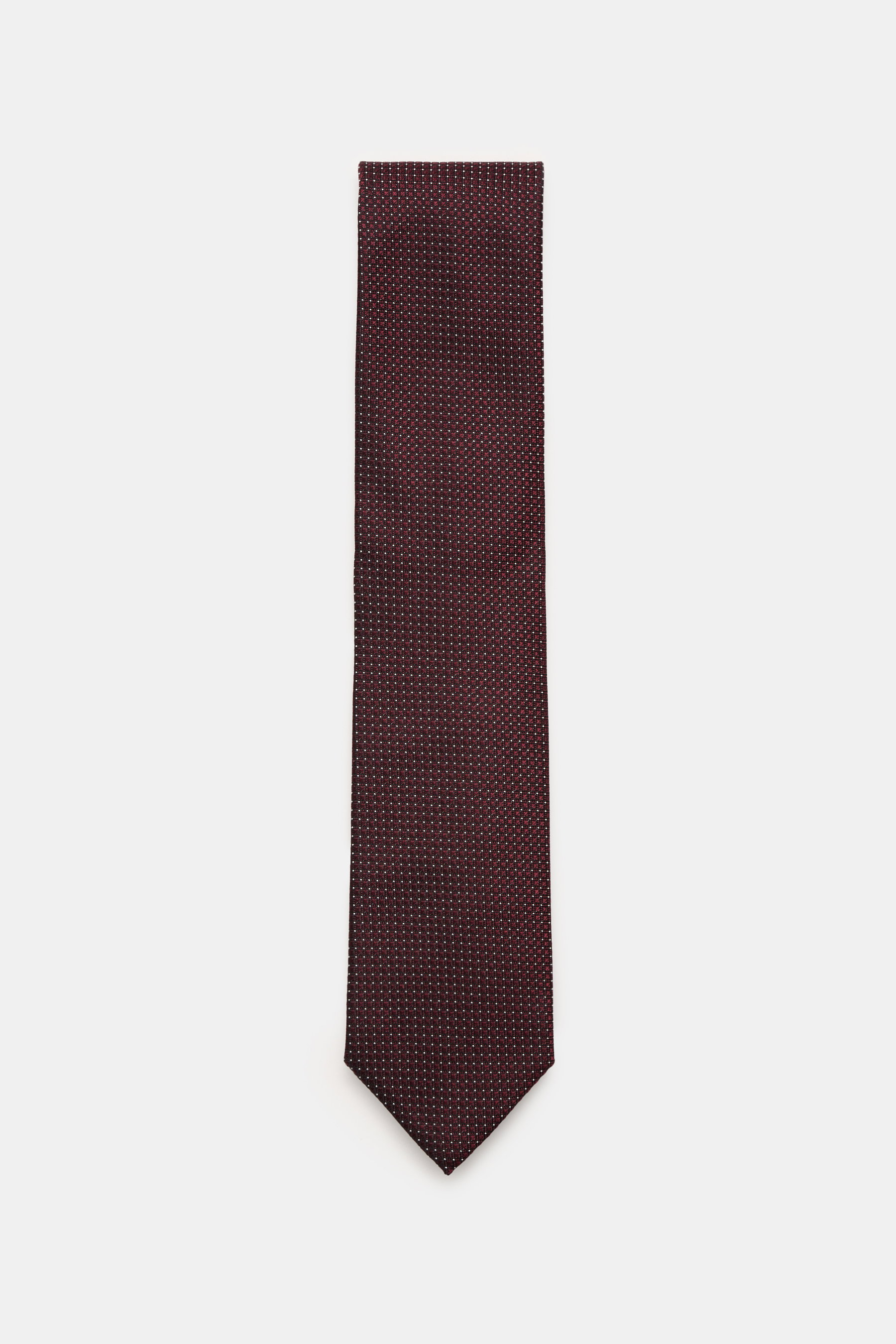 Zegna Silk tie burgundy/cream patterned shown from above, pure silk with subtle shine, graphic woven pattern, contrast-colored lining, Made in Italy, width approx. 8 cm.