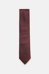Zegna Silk tie burgundy/black/cream patterned shown from above, pure silk with subtle shine, graphic pattern, Made in Italy, width approx. 8 cm