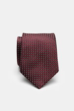 Zegna Silk tie burgundy/black/cream patterned shown from a front angle, featuring pure silk, subtle shine, graphic pattern, Made in Italy, width approx. 8 cm.