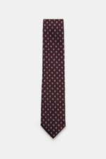 Zegna Seidenkrawatte bordeaux/rauchblau gemustert mit Paisley-Webmuster, dezenter Glanz, reine Seide, ca. 8 cm breit, Made in Italy, frontal fotografiert.