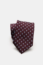 Zegna Seidenkrawatte bordeaux/rauchblau gemustert, Paisley Webmuster, dezenter Glanz, reine Seide, kontrastfarbener Futterstoff, Made in Italy, Breite ca. 8 cm, Nahaufnahme von oben.