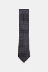 Zegna Krawatte navy/hellgrau/schwarz gemustert, reine Seide, dezenter Glanz, grafisches Muster, Breite ca. 8 cm, Made in Italy, frontal fotografiert.