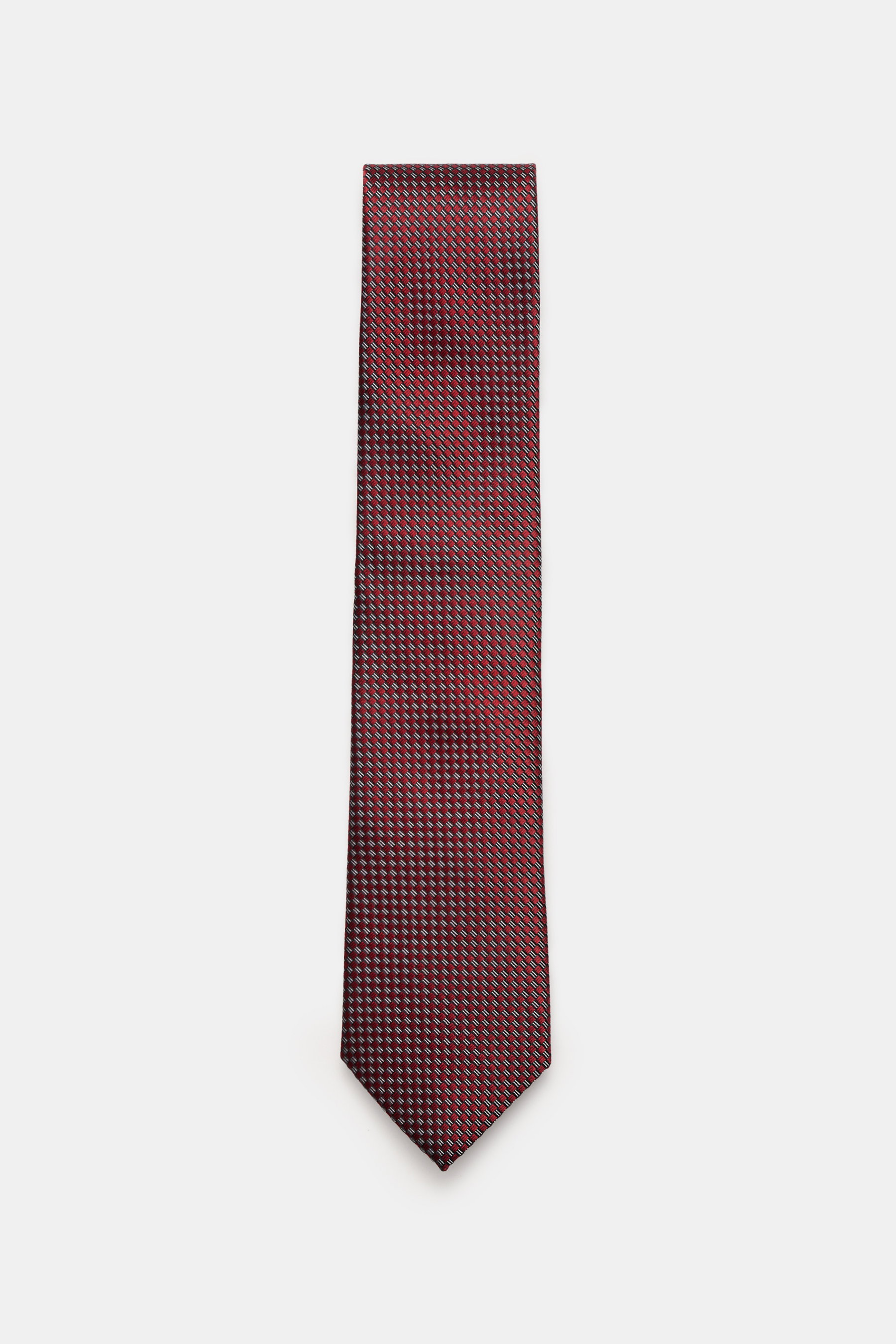 Zegna Krawatte dunkelrot/hellgrau/schwarz gemustert, grafisches Muster, dezenter Glanz, reine Seide, ca. 8 cm breit, Made in Italy, von oben fotografiert.