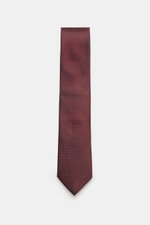 Zegna Krawatte dunkelrot/hellgrau/schwarz gemustert, grafisches Muster, dezenter Glanz, reine Seide, ca. 8 cm breit, Made in Italy, von oben fotografiert.