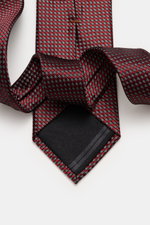 Zegna Krawatte dunkelrot/hellgrau/schwarz gemustert, grafisches Muster, dezenter Glanz, reine Seide, Made in Italy, Breite ca. 8 cm, Draufsicht auf die gebundene Krawatte.