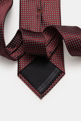 Zegna Krawatte dunkelrot/hellgrau/schwarz gemustert, grafisches Muster, dezenter Glanz, reine Seide, Made in Italy, Breite ca. 8 cm, Draufsicht auf die gebundene Krawatte.