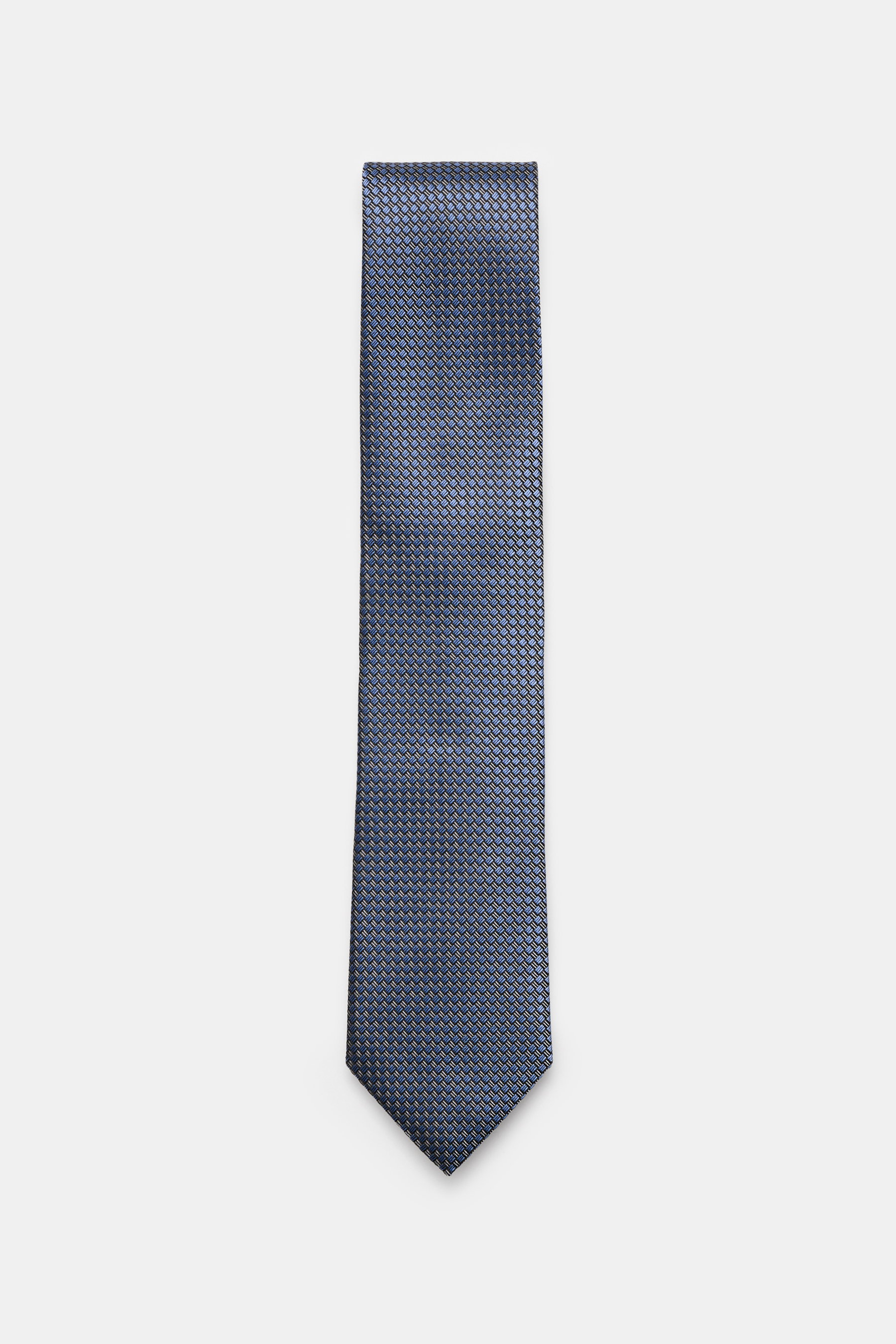 Zegna Silk tie smoke blue/black/cream patterned shown from top down, featuring pure silk, subtle shine, graphic pattern, Made in Italy, width approx. 8 cm.