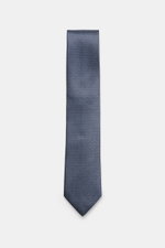 Zegna Silk tie smoke blue/black/cream patterned shown from top down, featuring pure silk, subtle shine, graphic pattern, Made in Italy, width approx. 8 cm.