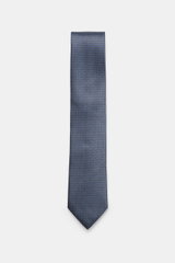 Zegna Silk tie smoke blue/black/cream patterned shown from top down, featuring pure silk, subtle shine, graphic pattern, Made in Italy, width approx. 8 cm.