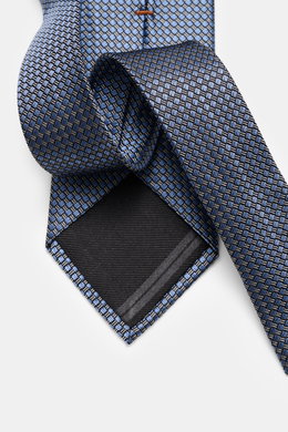 Zegna Silk tie smoke blue/black/cream patterned shown from a close-up front angle, featuring pure silk, subtle shine, graphic pattern, Made in Italy, width approx. 8 cm.