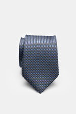 Zegna Silk tie smoke blue/black/cream patterned shown from a top-front perspective, featuring pure silk, subtle shine, graphic pattern, Made in Italy, width approx. 8 cm.