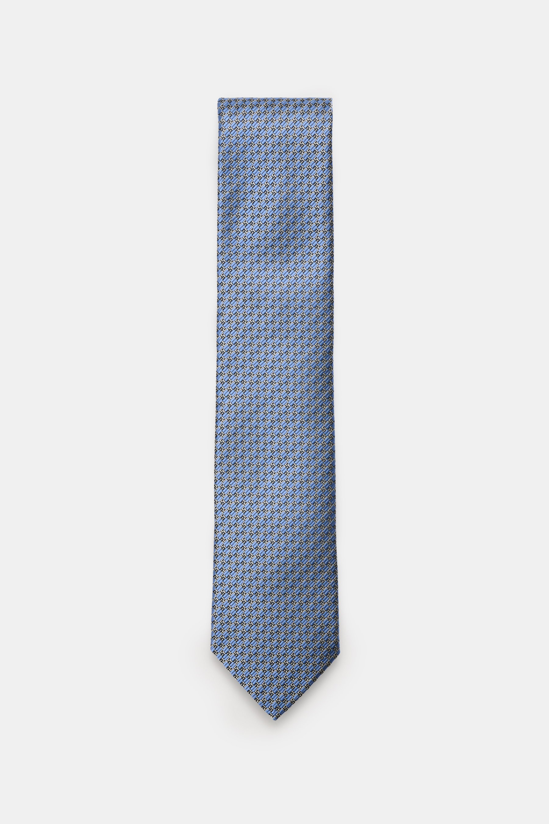 Zegna Seidenkrawatte hellblau/hellgrau/schwarz gemustert, von oben fotografiert, reine Seide, dezenter Glanz, grafisches Muster, Made in Italy, Breite ca. 8 cm