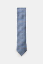 Zegna Seidenkrawatte hellblau/hellgrau/schwarz gemustert, von oben fotografiert, reine Seide, dezenter Glanz, grafisches Muster, Made in Italy, Breite ca. 8 cm