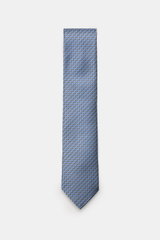 Zegna Seidenkrawatte hellblau/hellgrau/schwarz gemustert, von oben fotografiert, reine Seide, dezenter Glanz, grafisches Muster, Made in Italy, Breite ca. 8 cm
