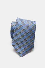 Zegna Seidenkrawatte hellblau/hellgrau/schwarz gemustert, grafisches Muster, dezenter Glanz, reine Seide, Made in Italy, ca. 8 cm breit, Nahaufnahme von vorne.