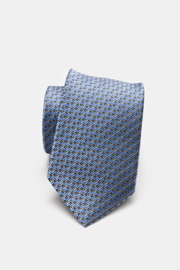 Zegna Seidenkrawatte hellblau/hellgrau/schwarz gemustert, grafisches Muster, dezenter Glanz, reine Seide, Made in Italy, ca. 8 cm breit, Nahaufnahme von vorne.