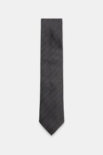 Zegna Tie dark grey photographed from above, showing subtle striped pattern with a slight shine, mix of wool and silk, Made in Italy, width approx. 8 cm.