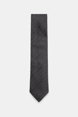 Zegna Tie dark grey photographed from above, showing subtle striped pattern with a slight shine, mix of wool and silk, Made in Italy, width approx. 8 cm.
